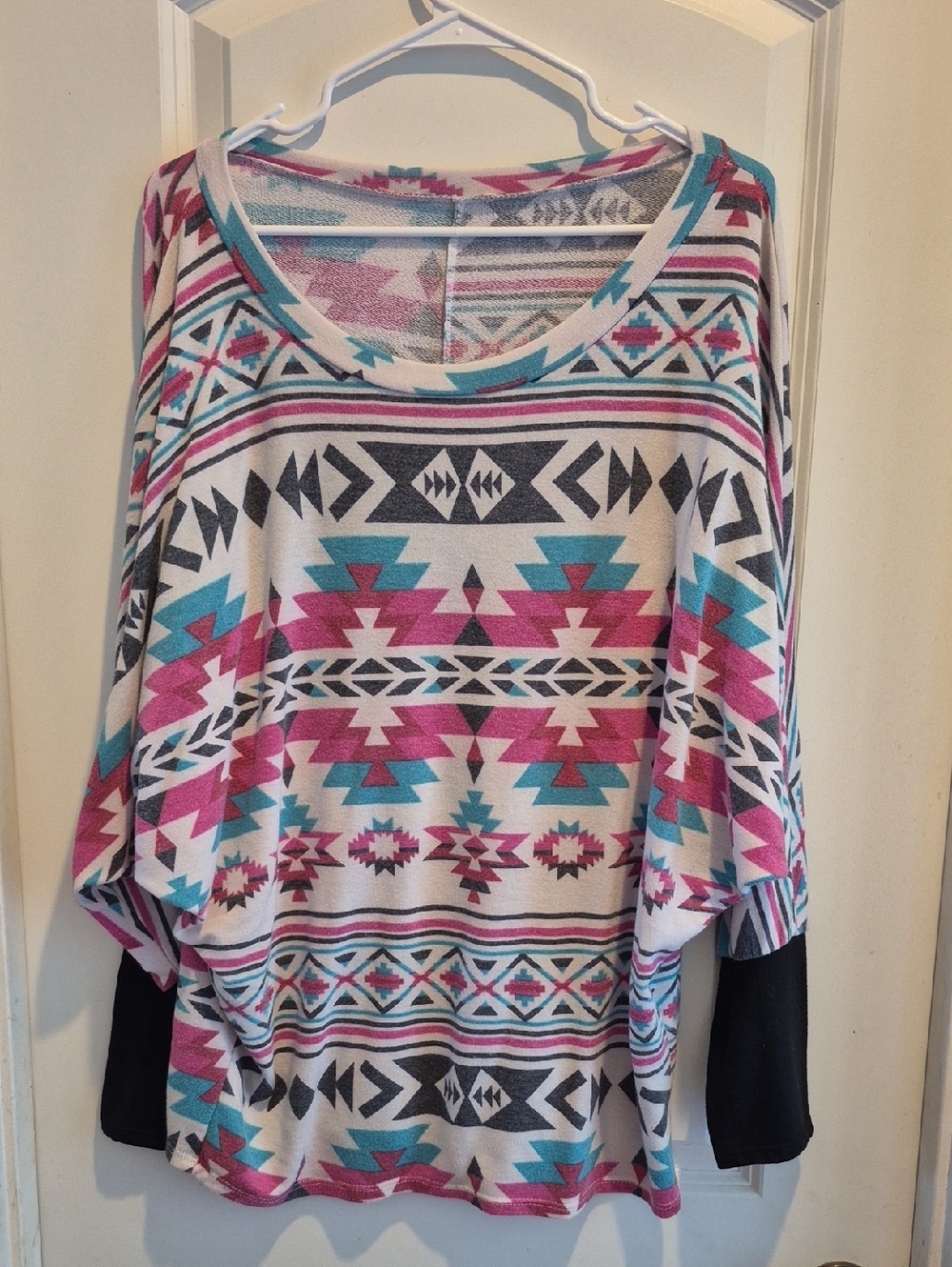 Boho Aztec Scoop Neck Top in White with Pink & Teal